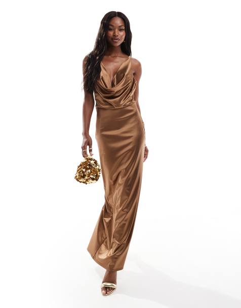 ASOS DESIGN stretch satin cowl neck maxi dress in chocolate brown - view 1