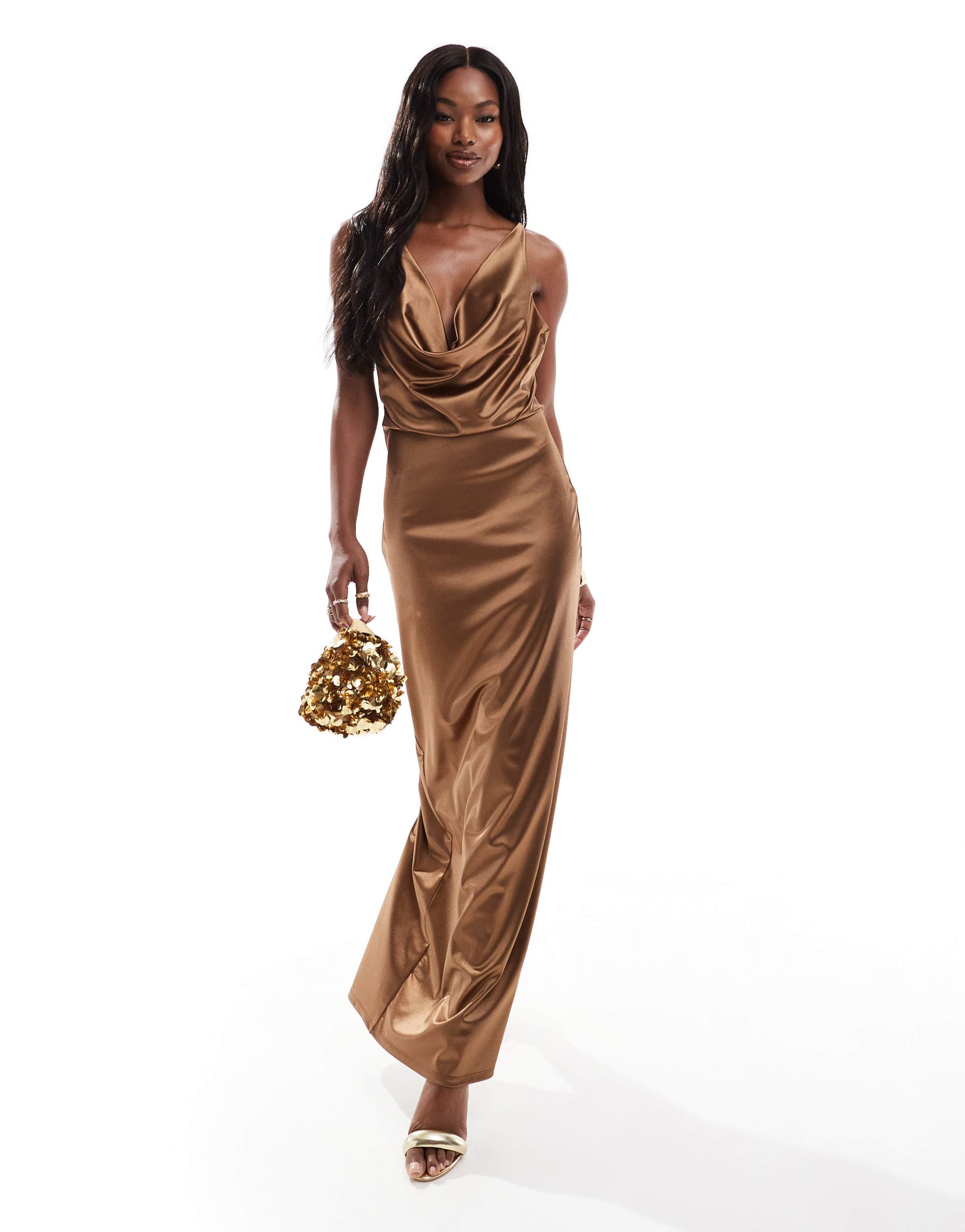 asos design stretch satin cowl neck maxi dress in chocolate brown