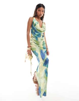 ASOS DESIGN stretch satin cowl neck maxi dress in green abstract print-Multi