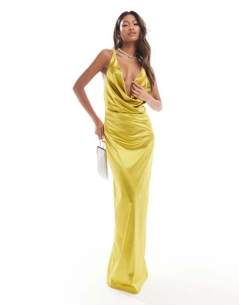 ASOS DESIGN stretch satin cowl neck maxi dress in lime - view 1