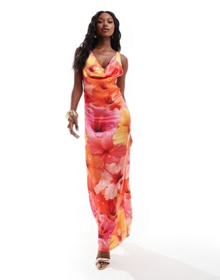 stretch satin cowl neck maxi dress in pink floral lotus print-Multi