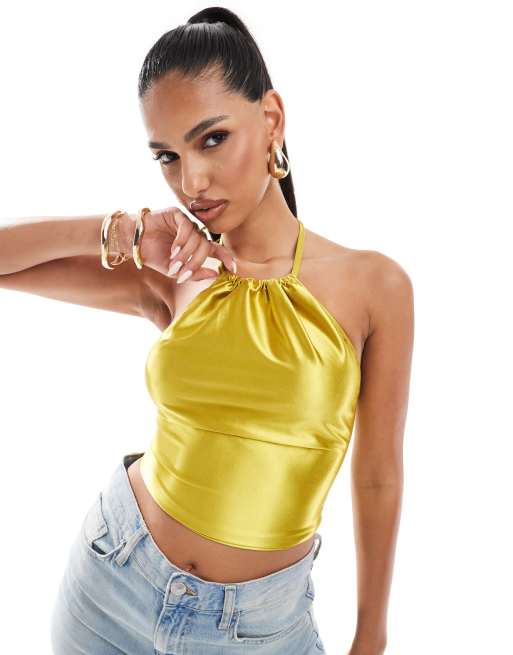 ASOS DESIGN stretch satin halter ruched top in chartreuse