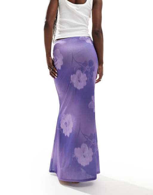 ASOS DESIGN stretch satin maxi skirt with lilac ombre floral print, 5 of 5