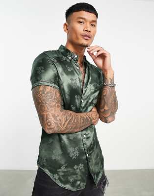 ASOS DESIGN stretch satin muscle shirt in green floral jacquard