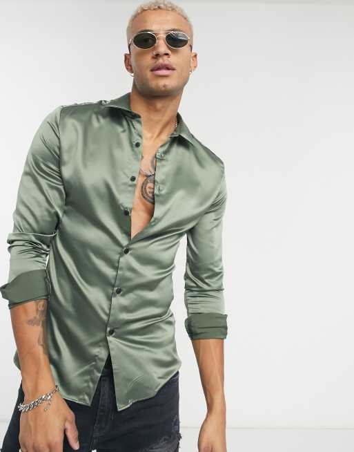 ASOS DESIGN stretch satin muscle shirt in khaki satin | ASOS