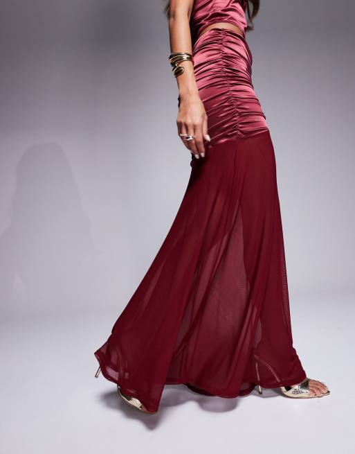 ASOS DESIGN stretch satin ruched maxi skirt with mesh hem in berry - part of a set