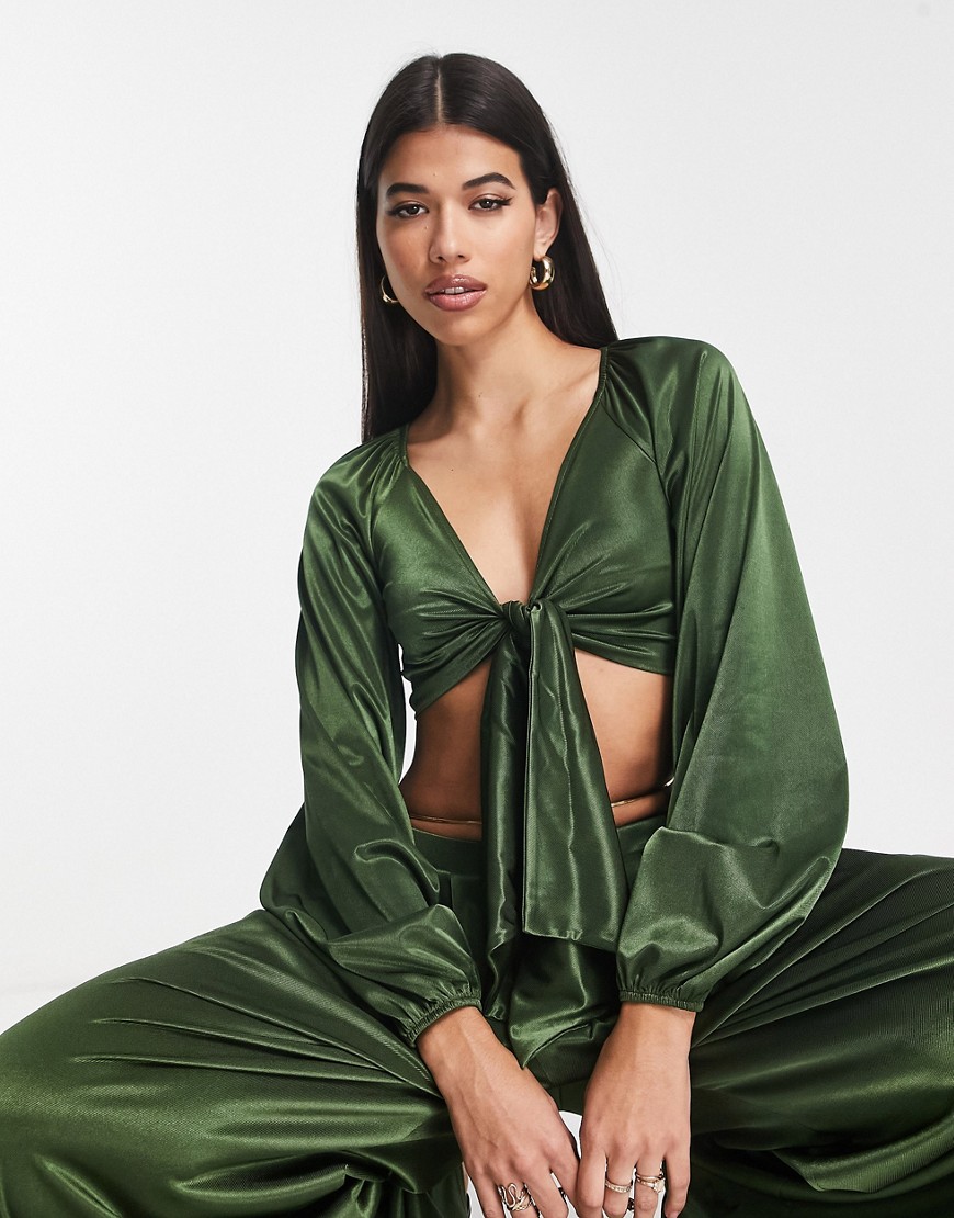 Asos Design Stretch Satin Tie Front Top With Blouson Sleeve In Khaki - Part Of A Set-green
