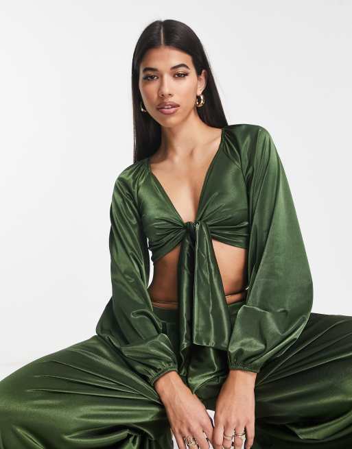 ASOS DESIGN stretch satin tie front top with blouson sleeve in khaki (part of a set)