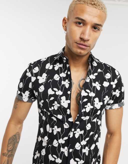 ASOS DESIGN stretch skinny black shirt in white scribble floral | ASOS