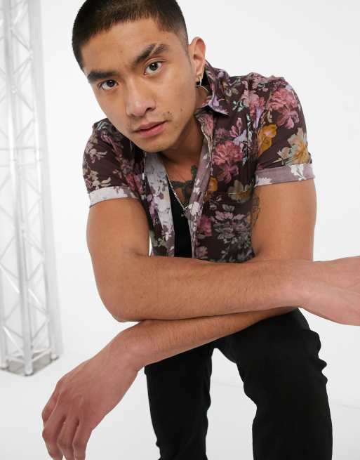 ASOS DESIGN stretch skinny brown floral shirt