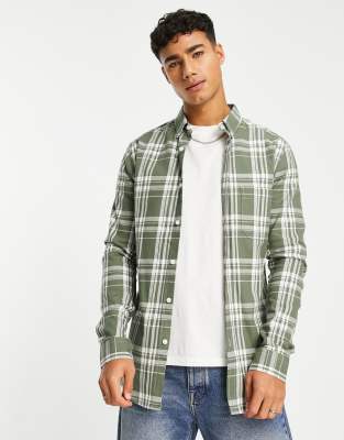 ASOS DESIGN stretch skinny check shirt in khaki-Green