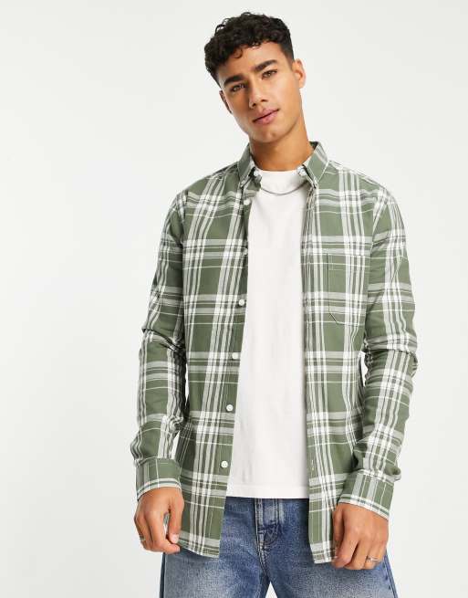 ASOS DESIGN stretch skinny check shirt in khaki | ASOS