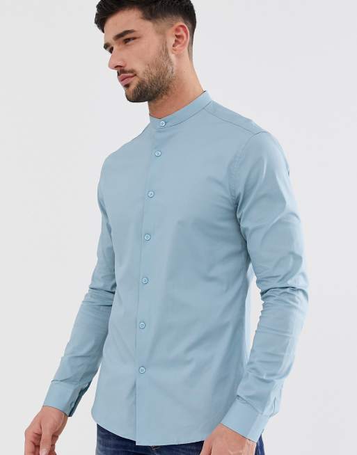 Blue grandad collar sales shirt