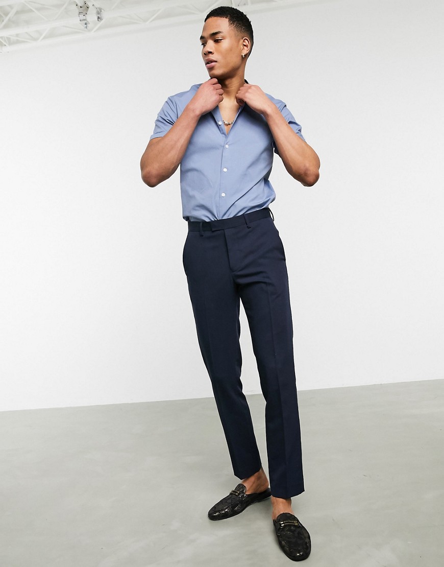 ASOS DESIGN stretch skinny fit shirt in blue with grandad collar & short sleeves