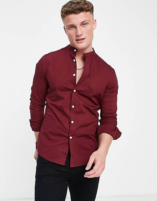 ASOS DESIGN stretch skinny fit shirt in burgundy with grandad collar