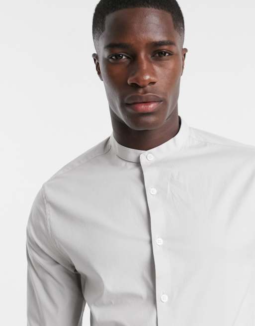 ASOS DESIGN stretch skinny fit shirt in gray with grandad collar