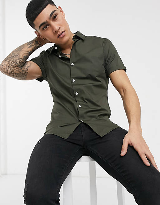 ASOS DESIGN stretch skinny fit shirt in khaki