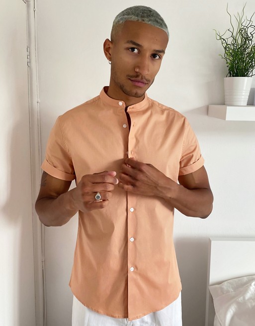ASOS DESIGN stretch skinny fit shirt in light orange with grandad collar in short sleeve