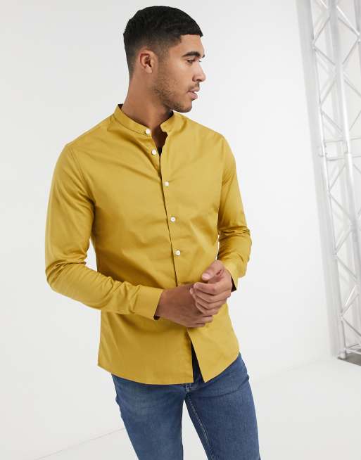 ASOS DESIGN stretch skinny fit shirt in mustard with grandad collar