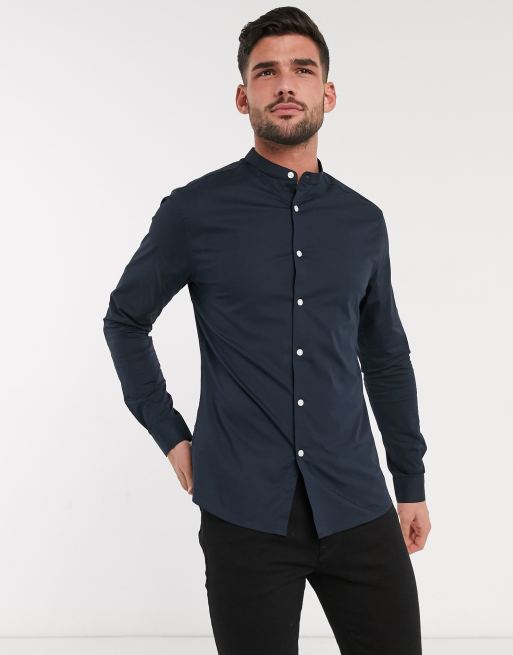 ASOS DESIGN stretch skinny fit shirt in navy with grandad collar | ASOS