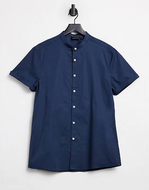 ASOS DESIGN stretch skinny fit shirt in navy with grandad collar