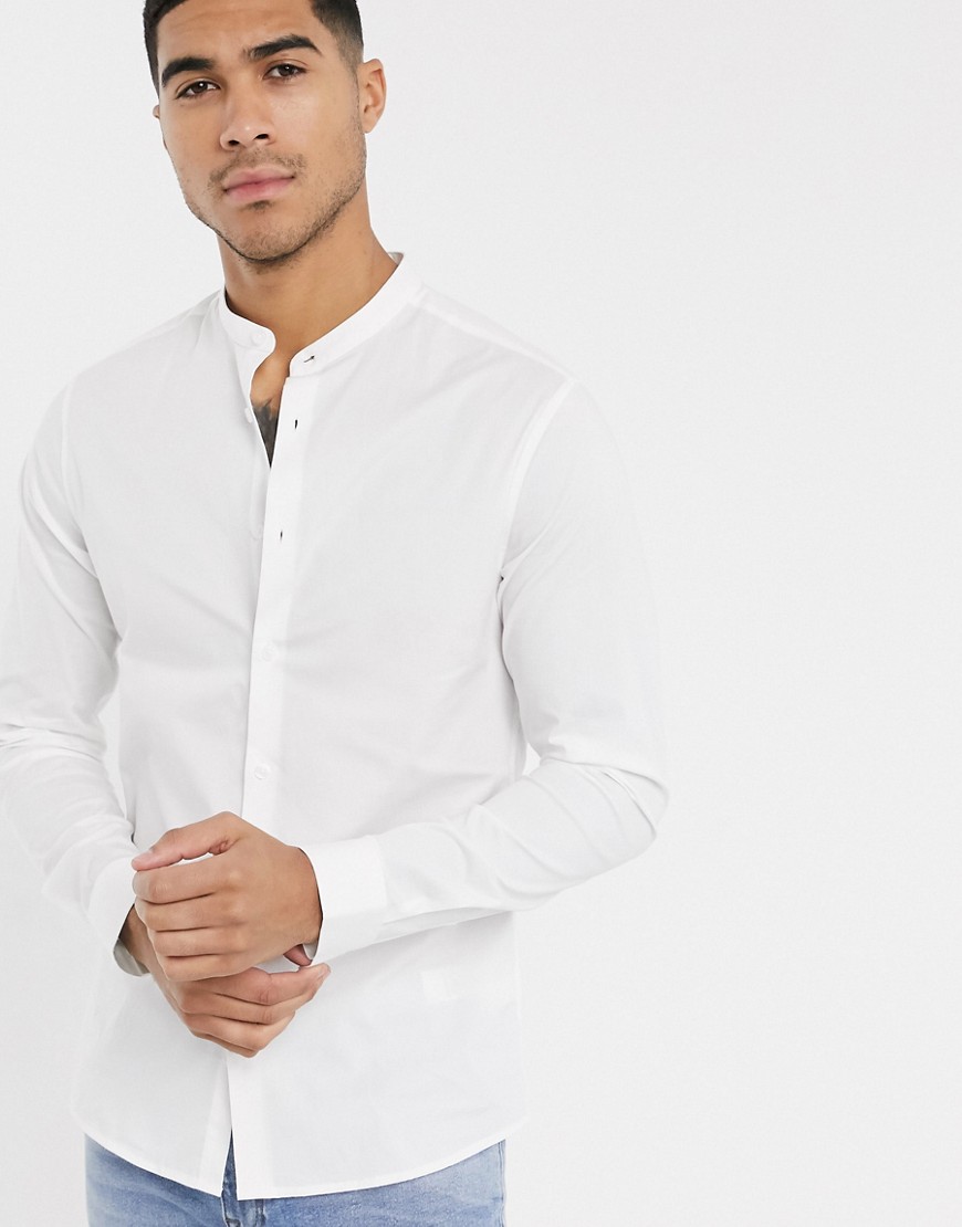 ASOS DESIGN stretch skinny fit shirt in white with grandad collar