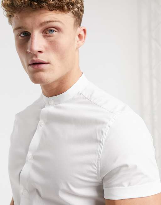 ASOS DESIGN stretch skinny fit shirt in white with grandad collar | ASOS