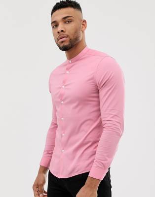 Pink hot sale collarless shirt