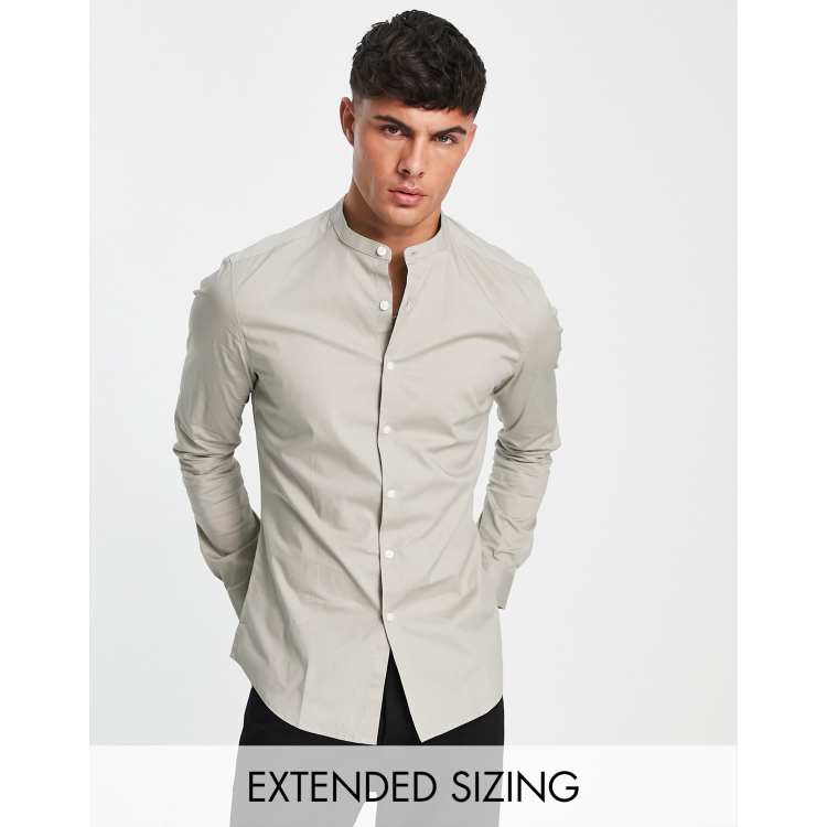 ASOS DESIGN stretch skinny fit shirt with grandad collar in taupe