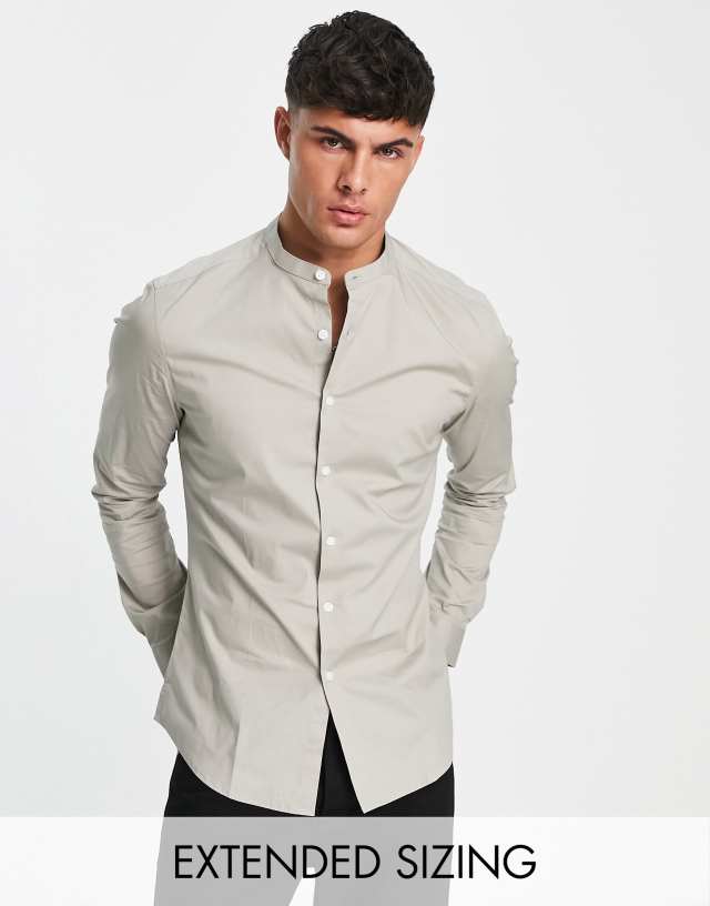 ASOS DESIGN stretch skinny fit shirt with grandad collar in taupe