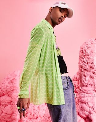 ASOS DESIGN stretch skinny mesh shirt in green wavy stripe