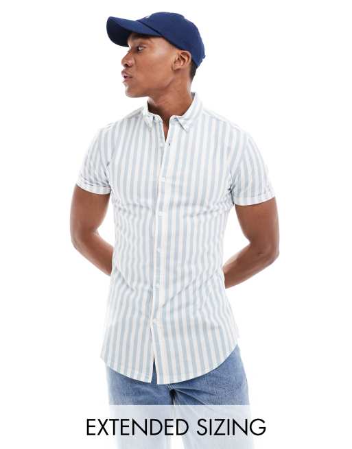 ASOS DESIGN stretch skinny oxford striped shirt in light blue 