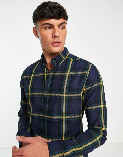 ASOS DESIGN stretch skinny plaid shirt in navy