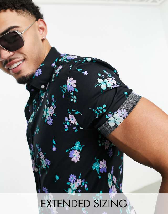 ASOS DESIGN stretch skinny shirt in black and blue floral print