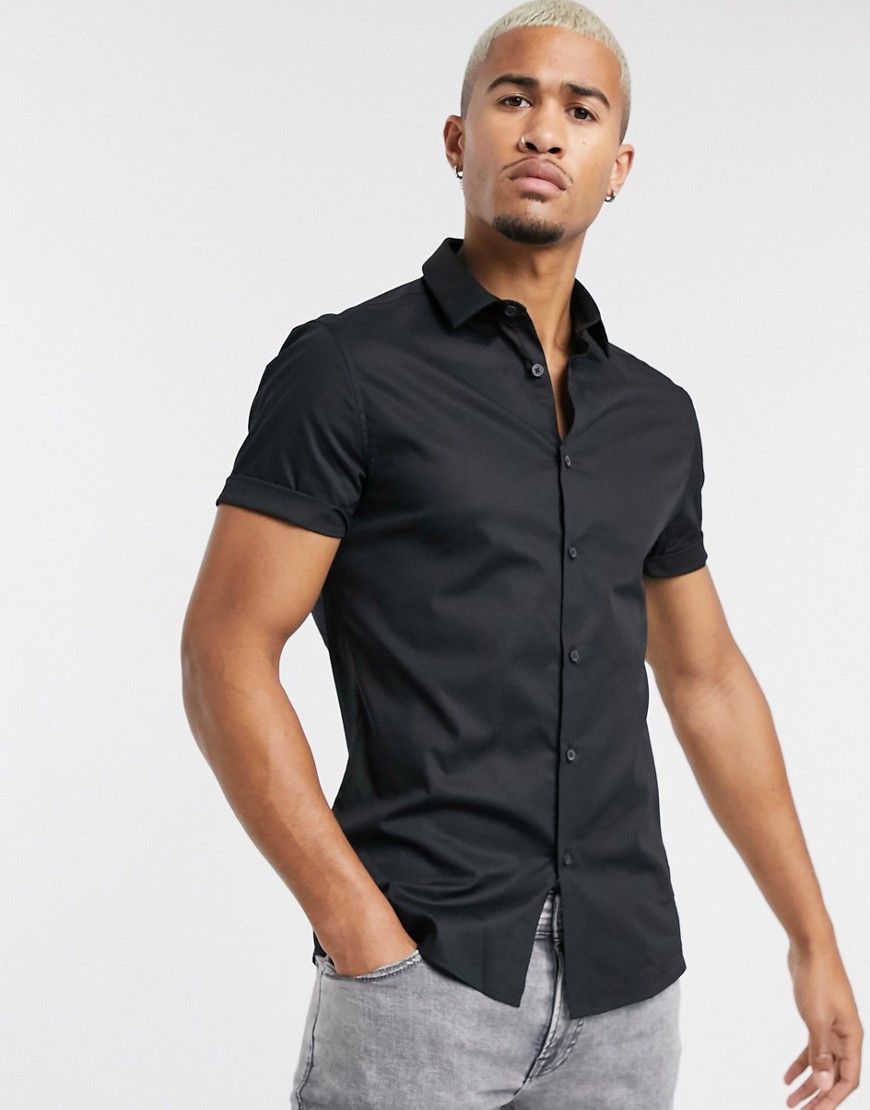 ASOS DESIGN stretch skinny shirt in black with short sleeves