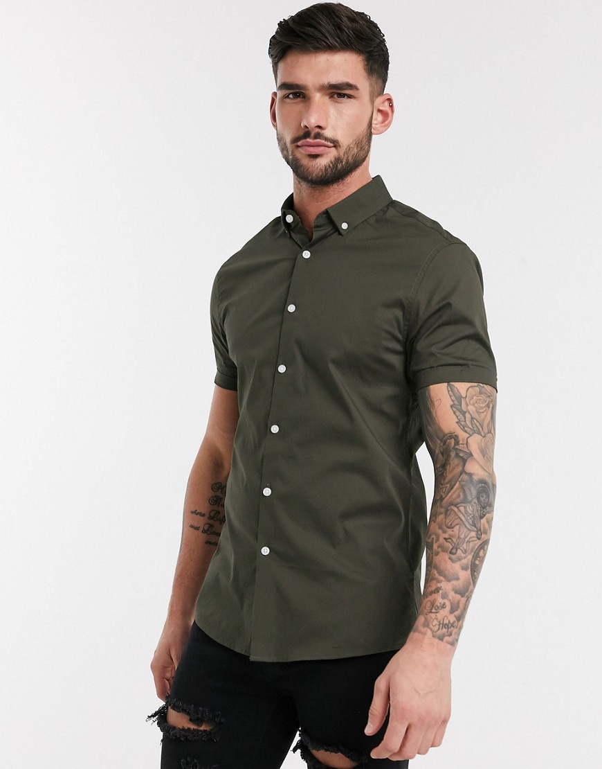 ASOS DESIGN stretch skinny shirt in khaki with short sleeves and button down collar-Black