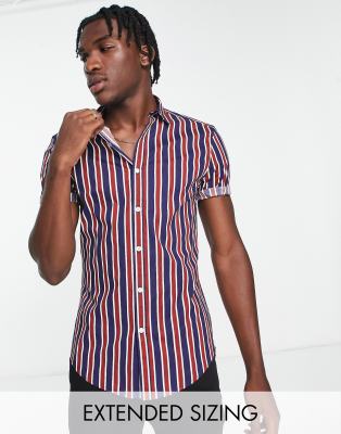 Asos Design Stretch Skinny Shirt In Navy And Burgundy Stripe