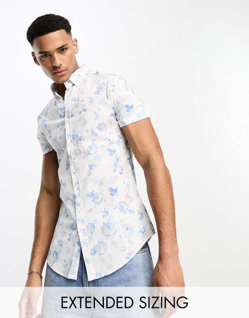 CerbeShops DESIGN stretch skinny shirt in white and blue floral