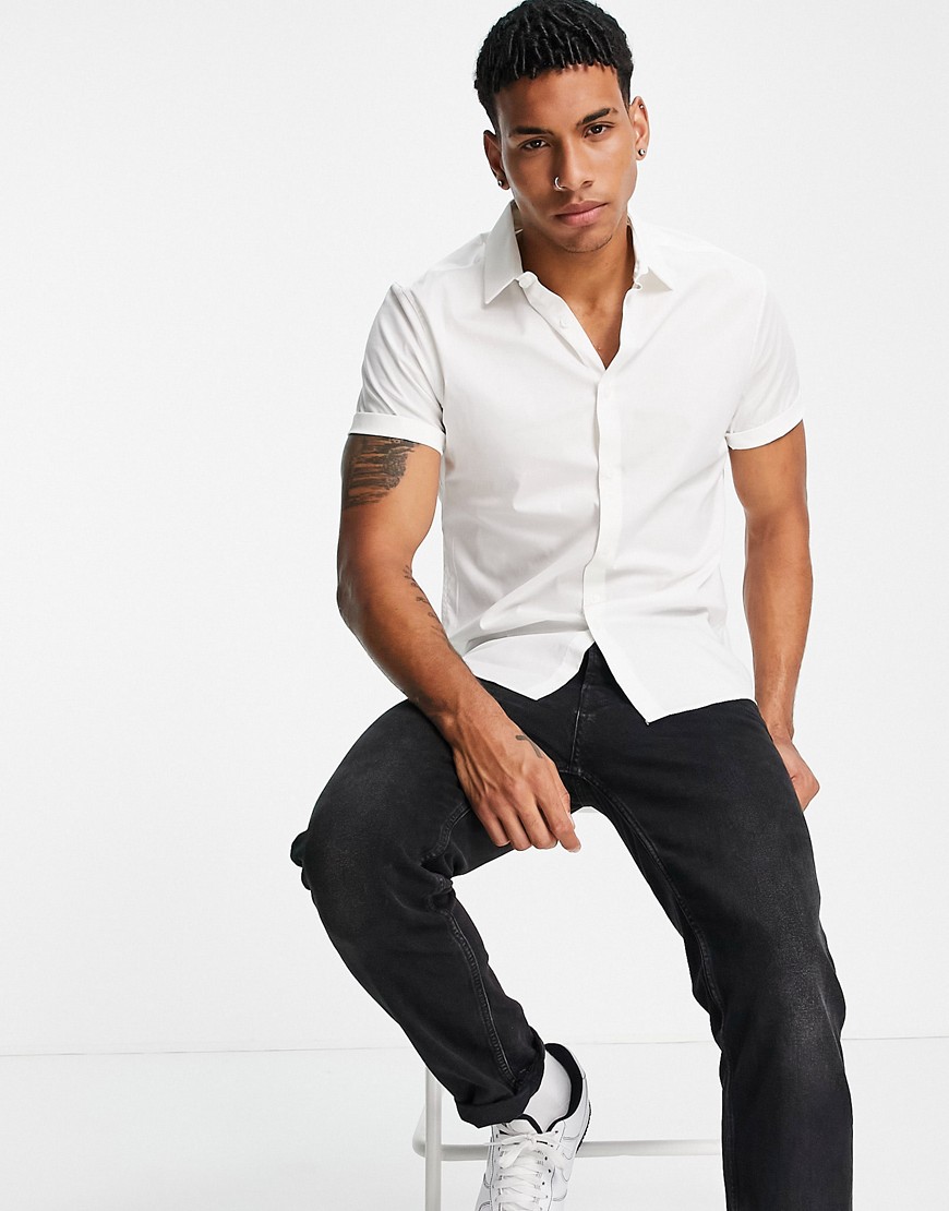 ASOS DESIGN stretch skinny shirt in white with short sleeves