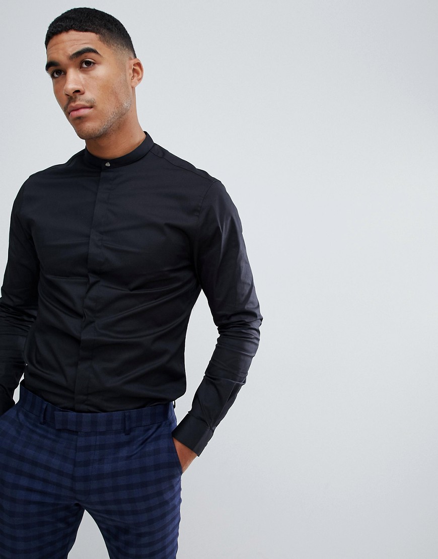 ASOS DESIGN stretch skinny shirt with grandad collar and popper in black