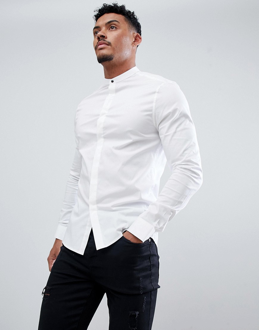 ASOS DESIGN stretch skinny shirt with grandad collar and popper in white
