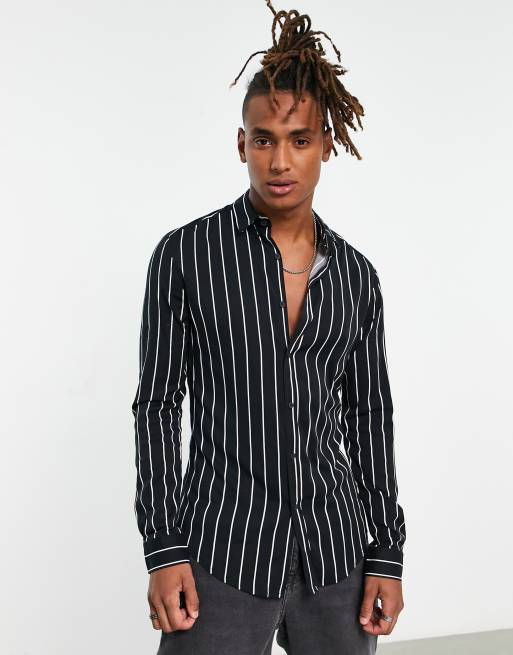 ASOS DESIGN stretch skinny stripe shirt in black and white | ASOS