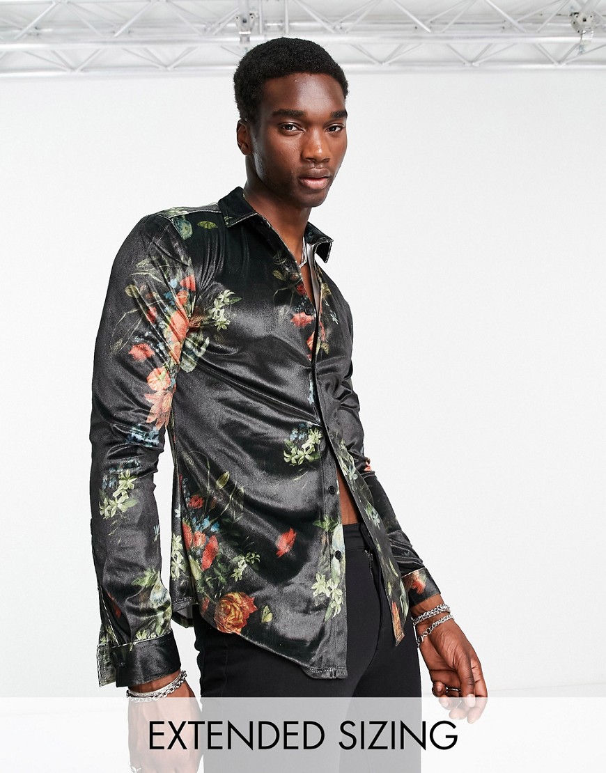 ASOS DESIGN stretch skinny velvet shirt in dark floral print-Black