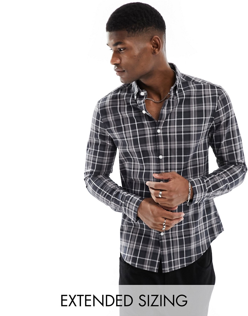 Asos Design Stretch Slim Check Shirt In Black And Gray Tartan