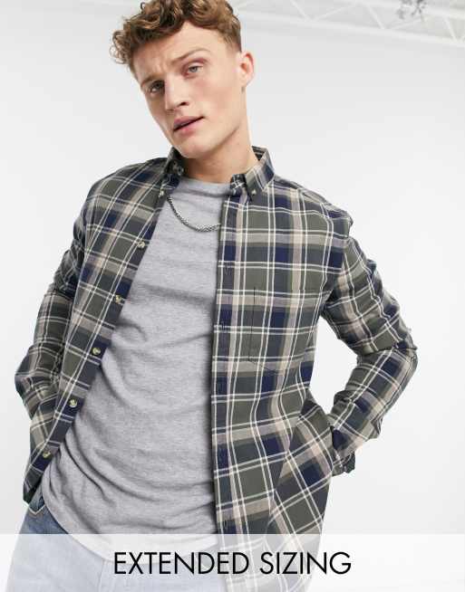 ASOS DESIGN stretch slim check shirt in khaki and navy | ASOS