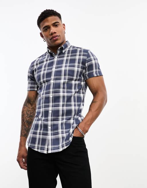 navy blue and white check shirt