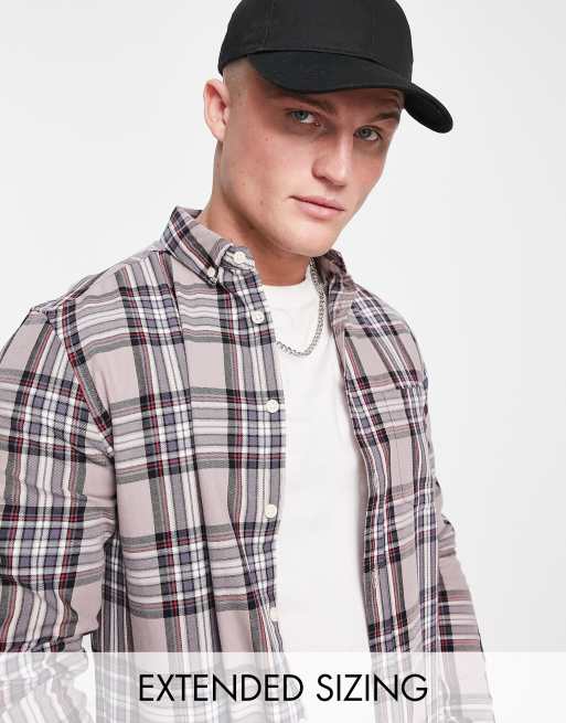 ASOS DESIGN stretch slim check shirt in stone and black