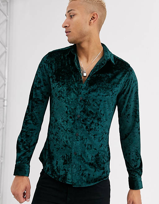 ASOS DESIGN stretch slim crushed velvet shirt in dark green | ASOS