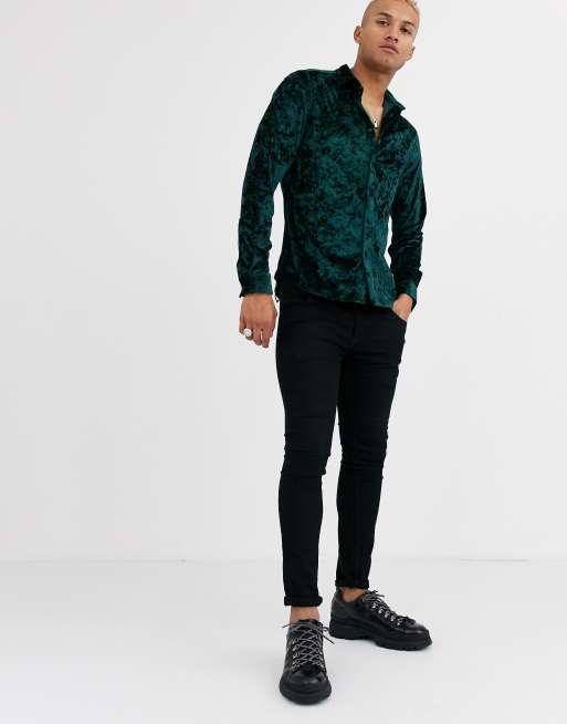 Asos Design Stretch Slim Crushed Velvet Shirt In Dark Green Asos