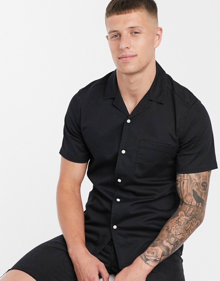 ASOS DESIGN stretch slim denim shirt in black with revere collar